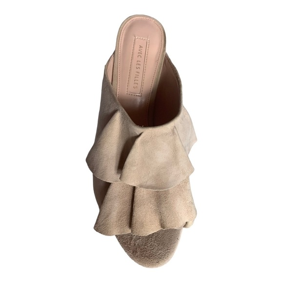 Avec Les  Filles Mallory Nude Peep Toe Ruffle Heel Mules Size 7.5 Shoes - Picture 7 of 15
